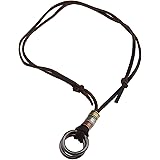 Brown Leather and Alloy O-Shape Double Ring Pendant Adjustable Necklace Men Women Unisex Choker Necklace Gifts