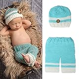 Domybest 赤ちゃん 新生児 ベビー 写真撮影 帽子 小道具 柔らかい ニット セーター 女の子 男の子 可愛い ライトグリーン 0-4ヶ月　帽子+パンツ 2点セット