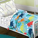 4pc Kids恐竜幼児用寝具セット、パターン、ベッドバッグ恐竜布団セット、先史時代の恐竜テーマ、ガールズ、ブルーグリーンレッドホワイトオレンジ、ユニセックス子供、男の子