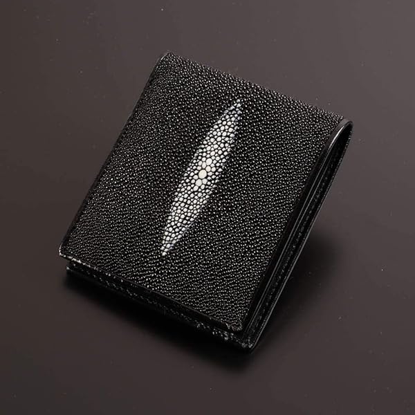 未使用◇エイ革 スティングレイ◇折財布◇BLACK◇ネコ◇ヒョウ 本革 長財布 希少エイ皮 クロスモチーフ スティングレイ レザー