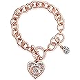 GUESS Rose Gold-Tone Round Link Chain Bracelet with Heart & Logo Charms, one Size, Glass, No Gemstone