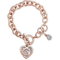 GUESS Rose Gold-Tone Round Link Chain Bracelet with Heart & Logo Charms, one Size, Glass, No Gemstone