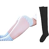 N-hilfe 縞パンツ + 縞ニ + 黒 ニーソックス 3点 セット コスチューム用小物 レディース 水色