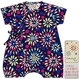 ガールズベビー浴衣|甚平[くろわっさんす べべ]ベビー甚平|ロンパース甚平|花火柄|和柄((日本製生地)綿100％|新生児|女の子|女児用 50-60 ネイビー