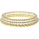 fzbali 3 Pcs Gold Beaded Bracelets, Men Women Elastic Copper Beads Balls Stretch Bracelet Anklet, Fashion Stacking Bracelets 