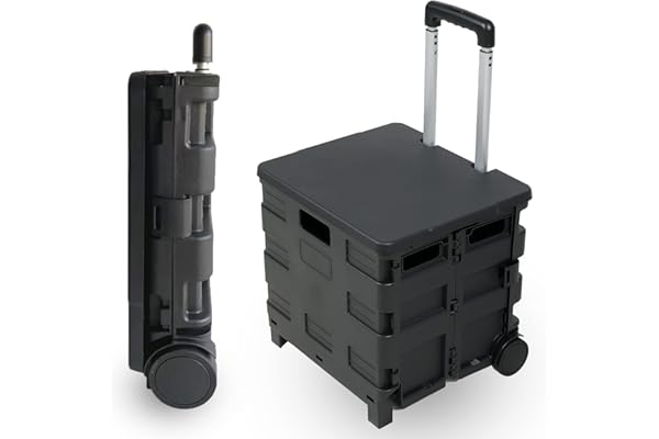 E-UP 折りたたみキャリーカート ショッピングカート コンテナキャリー キャリーカート 耐荷重35kg 45L 軽量 台車 静音 コンパクト 蓋付き 買い物カート 座れる キャンプ用 家庭用 飛び出し防止 簡単組立て 簡単取り付け (2輪, ブラック)