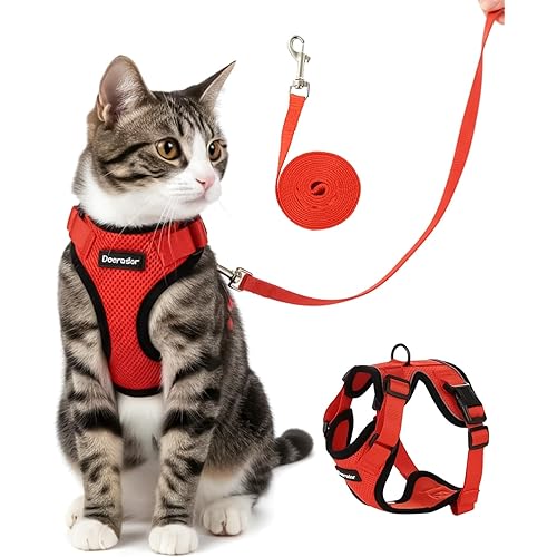 AlxMuNao 猫 猫用 ハーネス 脱走防止 リード付き ベスト型 頭を通さず装着 通気メッシュ 軽量 反射付き 調節可能 子猫〜成猫 散歩 通院 お出かけ (赤, S)