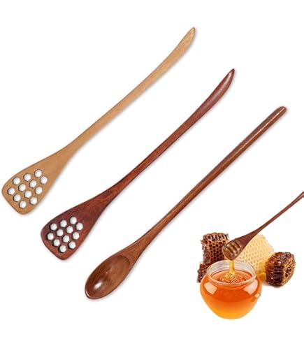 4-Pack Wooden Honey Dippers With Honeycomb Heart Pattern - 18.5cm Long Handle For Drizzling & Stirring