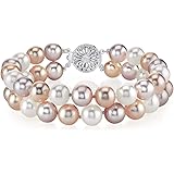 THE PEARL SOURCE Sterling Silver AAA Quality Round Multicolor Freshwater Cultured Pearl Double Strand Bracelet for Women