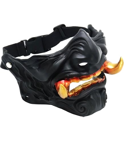 Masque Demi-visage Airsoft Noir - Style Kabuki Samouraï Hannya Oni - Unisexe