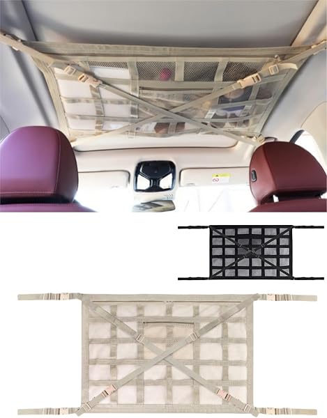 【LIUSHUYAN 2025年進化クロス構造】車天井収納 垂れにくい ルーフネット 2層タイプ 車 天井ネット 簡単取り付け 車中泊 ダブルファスナー バックル固定 日本語説明書付き Lサイズ(90×65cm) (ベージュ) - 1