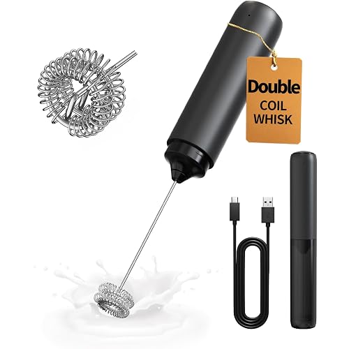 CIRCLE JOY Electric Milk Frother Handheld Dual Spring Whisk & Cover Black | Rechargeable Coffee Frother Wand, Portable Hand F