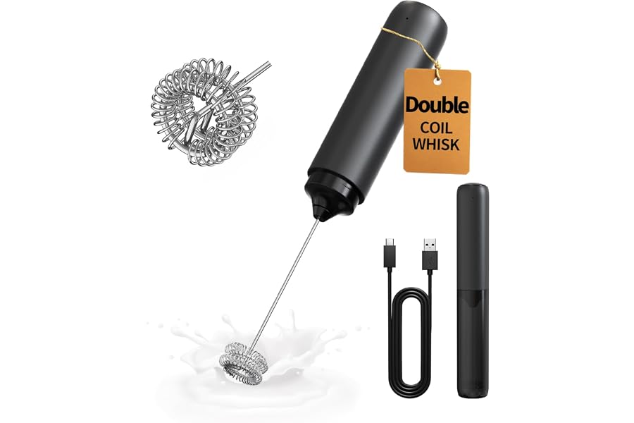 CIRCLE JOY Electric Milk Frother Handheld Dual Spring Whisk & Cover Black | Rechargeable Coffee Frother Wand, Portable Hand F