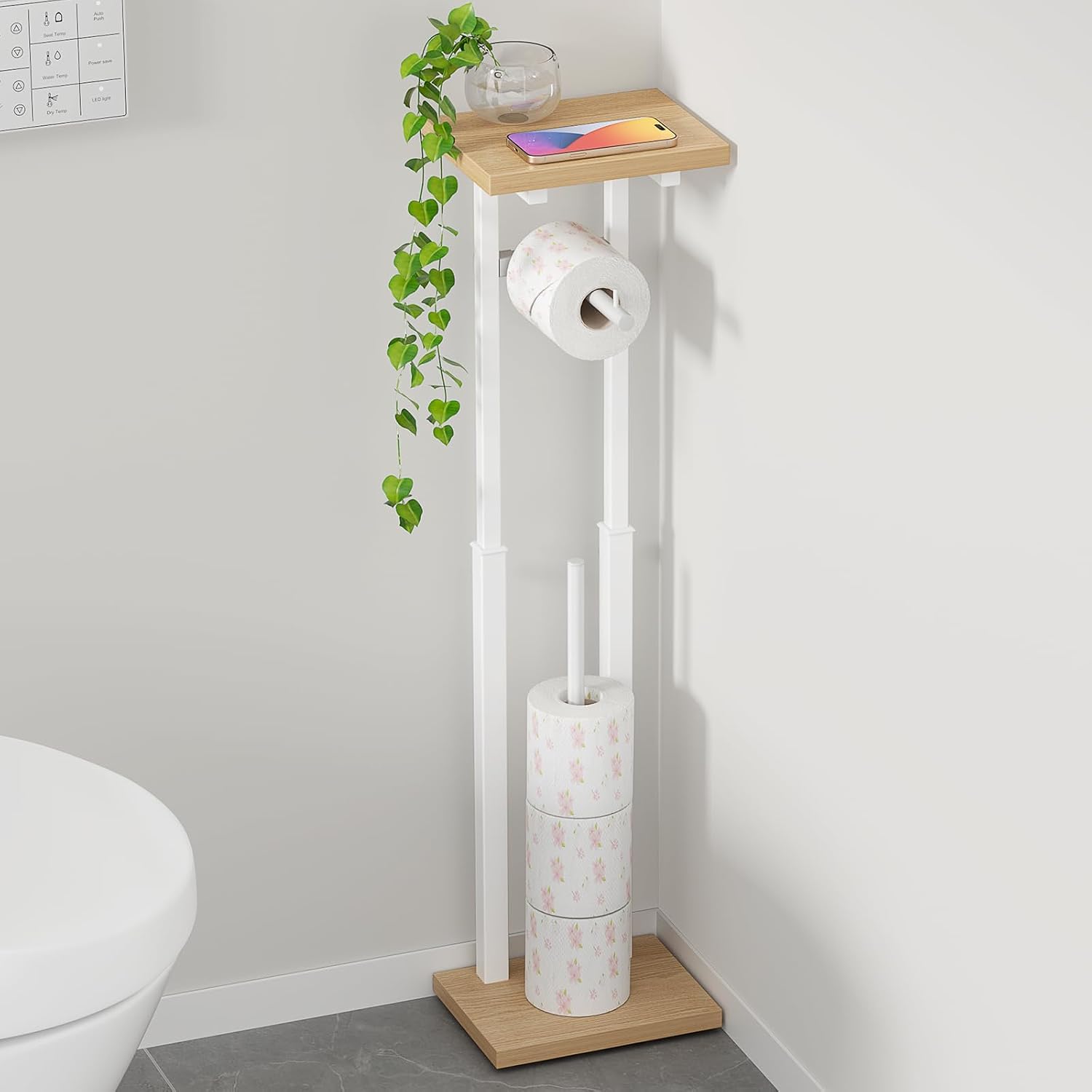 TTWO トイレ収納棚 トイレラック トイレットペーパー収納 スリムラック コーナー収納 高さ調節3段階 サニタリーラック(ナチュラル) | 限られた空間を有効活用できる薄型設計 芳香剤やスマホなど小物を置ける便利な天板付き 高さを調整して設置場所に合わせて使用可能