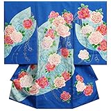 お宮参り　着物　女の子　正絹女児初着　女の子用産着　青　レインボーローズ　刺繍使い　ジルコニア　金通し生地