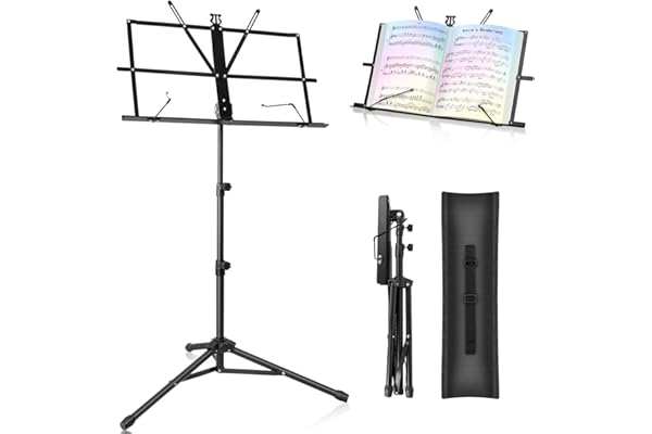 MS21 Folding Music Stand, Height 27.6 - 53.1 inches (70 - 135 cm), Adjustable Music Stand, Includes Storage Bag, Black