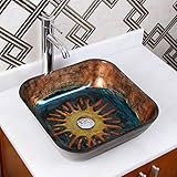 Elite Square Volcanicパターン強化ガラスバスルームシンク&クロームシングルレバー仕上げ蛇口コンボ