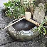 信楽焼　蹲　やすらぎ つくばい（竹、柄杓付）【tu-0001】 しがらき焼　竹付き　陶器　ツクバイ　スイレン鉢　睡蓮鉢　メダカ鉢　金魚鉢　和風　オシャレ　お洒落