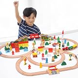Homilius 木製レール 100ピース 積み木 電車 列車 木のおもちゃ トレインセット 磁石でくっつく 情景部品付き 発車ステーション 駅前セット 鉄道玩具 建物 交通標識 組み立て DIY ミニカー 知育玩具 STEM学習 脳トレ 創造力 集中力 構成力 空間認識 室内遊び 親子 友達ゲーム クリスマス 誕生日プレゼント 入園祝い 対象年齢 3歳~ (Bセット)