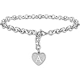 Silver Initial Charm Bracelet Stainless Steel Heart Letter Alphabet Bracelet for Women Men Teen Girls