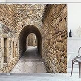 Ambesonne アパートインテリアコレクション 中世古代の歴史的な石畳 スペインカタルーニャ地方パルス/ジローナの街並み ポリエステル生地浴室シャワーカーテンセット フック付き ベージュ 69" W By 75" L sc_17847_Corridor_08.03_long