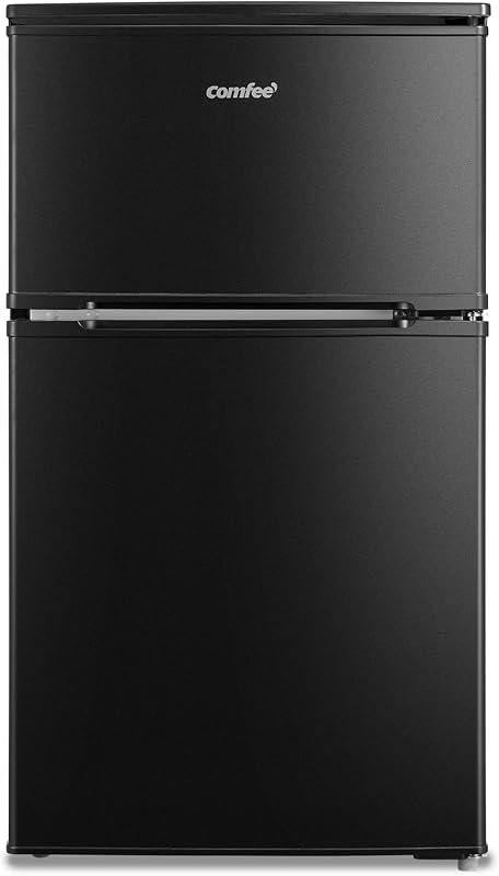 COMFEE' Refrigerator, 90L, Width 18.8 inches (47.8 cm), 2 Doors, Right Opening, Compact, Heat Resistant Top, Slim, Small, For 1 Person, Black RCT90BL(E)