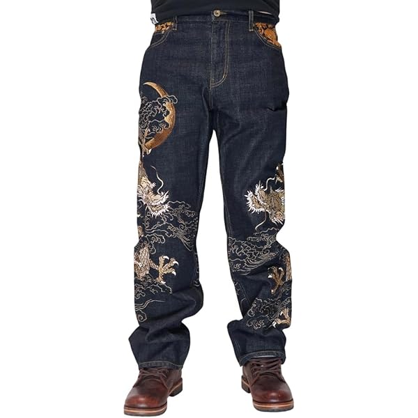 Amazon | [絡繰魂] 粋 デニム 風神雷神 メンズ 和柄 総刺繍 ロング