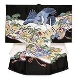 産着 男の子 お宮参りの着物 刺繍入りの熨斗目 （正絹）「黒 鷹と軍配に巻物」HBU827