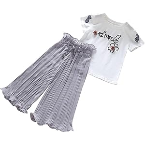Charku キッズ服 女の子 2点セット Tシャツ パンツ 半袖 文字プリント プルオーバー 無地 ワイドレッグパンツ 上下セット服 可愛い トップス フリル ズボン 子どもセット春夏 安い 子供服 通園 通学 普段着 七五三 人気 子供服 発表会