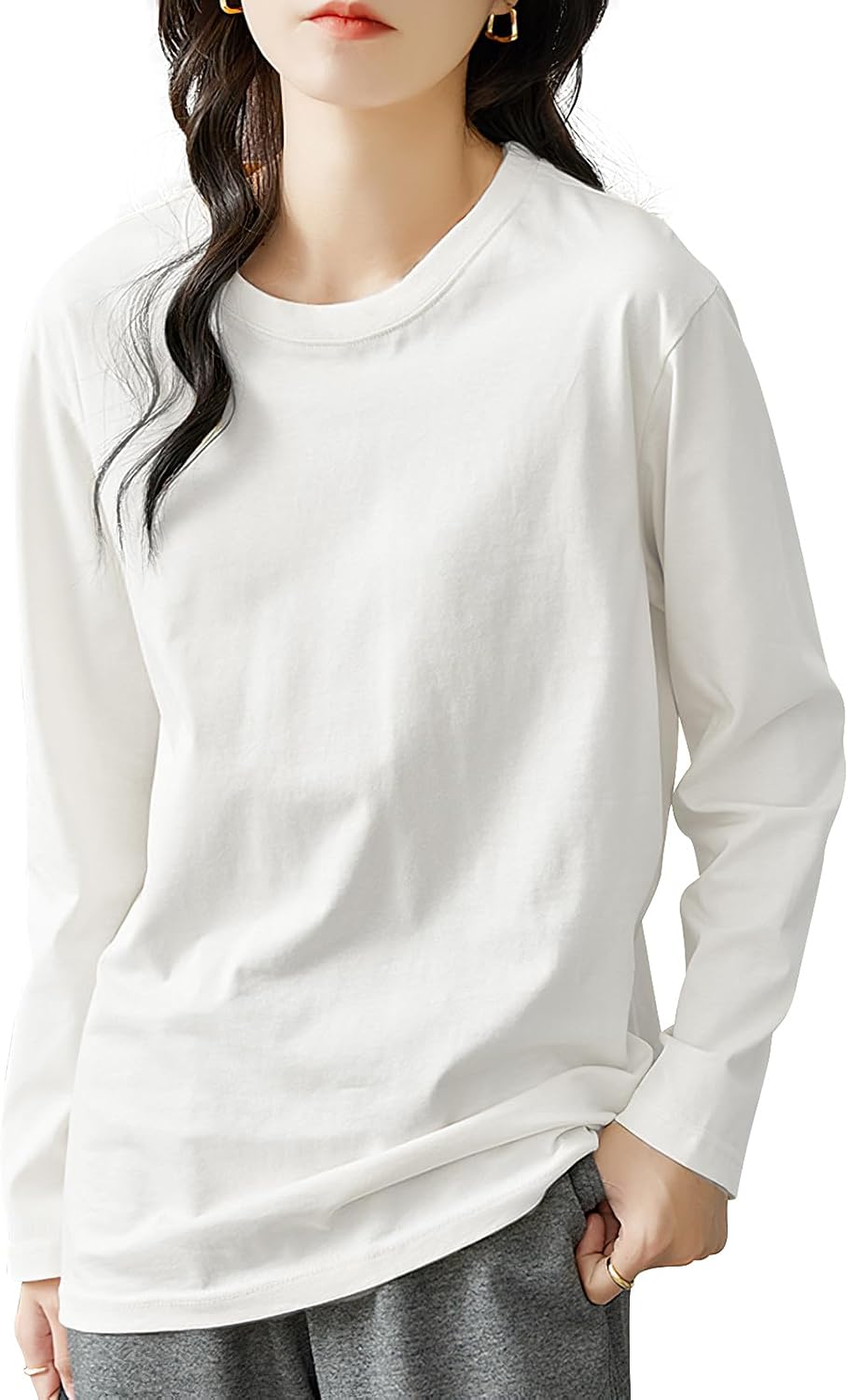 [EAXGO] 【綿100！当店１番人気】ロンティー レディース ろんてい ロンt 【ゆる感・小顔効果】 tシャツ 長袖 トップス | 【トレンドの新定義】 カットソー クルーネック ティーシャツ ロングスリーブ 無地 カジュアル ゆったり 重ね着 きれいめ オシャレ 秋冬