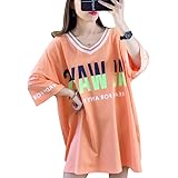 Amazon  MLbossロングtシャツ レディース Vネック ゆったり 半袖t 