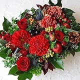 フラワー ギフト 還暦をお祝いする アレンジメント 赤 レッド をメインに華やかに 長寿（還暦） お祝いに フラワーケーキアレンジメント Happy birthday ピック付