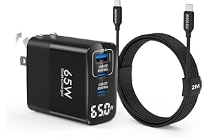 TOPADRE 65W 充電器 Type-C 【2M*Type-Cケーブル·LEDディスプレイ搭載·折りたたみ式プラグ·GaNIII技術】PD 急速充電器 USB-C×2 & USB-A タイプc充電器 PD3.0/QC4+/PPS 規格対応 コンパ