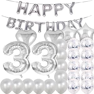 Amazon 33歳の誕生日デコレーションパーティー用品 シルバー数字33バルーン 33枚ホイルマイラーバルーン ラテックスバルーン 女の子 女性 男性 写真小道具に 風船 バルーン おもちゃ