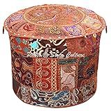 Stylo文化エスニックPoufカバーラウンドIndianパッチワーク刺繍Pouffe Ottomanカバーブラウンコットンフローラル従来家具Footstool Seatパフカバー(18 x 18 x