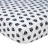 100% Cotton, Allover Navy Sailboat & Grey Rope Print on White Fitted Crib Sheet by Nautica [並行輸入品]