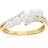 Ross-Simons 3-4mm 養殖真珠と.10 ct. t.w. 14ktイエローゴールドのダイヤモンドウェーブリング