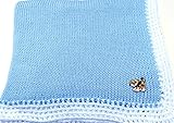 ニットかぎ針編みFinishedブルーコットンホワイトトリムBaby Blanket withブラウン犬