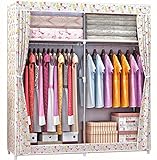 SUOERNUO ワードローブ　カーテン式カバー付き　幅130*奥行46*高168cm　2列4段　高耐荷重　組立簡単　大容量衣類収納　ハンガーラック (小花柄)