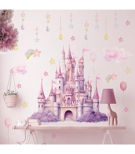 Cartoon Castle Wall Stickers With Rainbow, Clouds & Butterflies - Kids Room Decals For Girls Bedroom