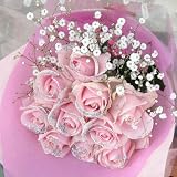 キラキララメ付きピンクローズ10本の花束 お誕生日、お祝い、母の日、クリスマスにお届け。花言葉「恋の誓い」