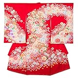 女の子初着 お宮参り着物 ポリエステル 赤 鼓に桜