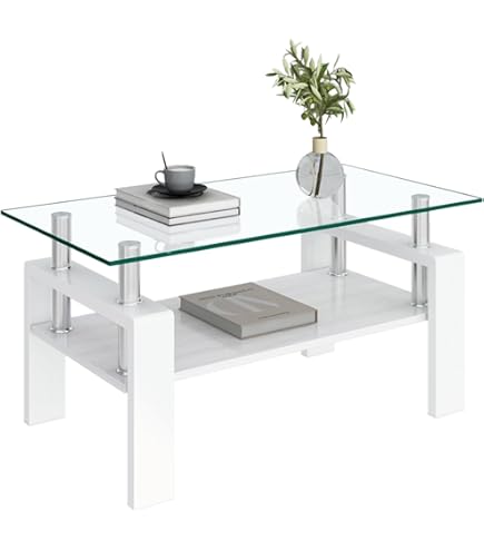 ホワイト モダン長方形コーヒーテーブル 強化ガラス天板+MDF収納棚 リビング用 Amazon.co.jp: モダン長方形ガラスコーヒーテーブル 強化ガラス