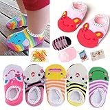 FlyingP 5Pairs Toddler Anti Slip Skid Socks for 6-18 Months Cute Animal Stripes No-Show Crew Boat An