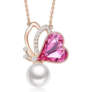 CDE ネックレス レディース スワロフスキー元素クリスタルを採用 ペンダント アクセサリー 真珠 パール 18Kローズゴールド ピンクゴールドメッキ ジュエリー「バタフライのデザイン」 調節可能 女性 彼女 誕生日 母の日 プレゼント ギフトBOX付き