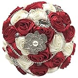 AbbieホームシルクブライダルBouquet withクリスタルラインストーンアイボリーグレーローズウェディングHolding花 レッド 531