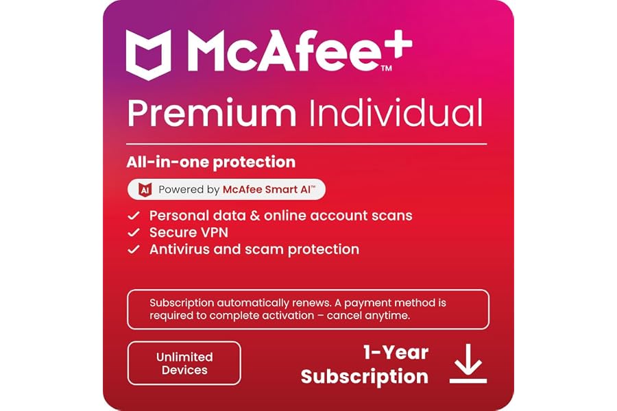 McAfee®+ Premium Individual Antivirus & Internet Security - Unlimited Devices, 1-Year - Windows/Mac/Android/iOS [Digital Down