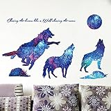 Amaonm Creative Blue Vinyl Starry Sky Wolf and Moon Stars Wall Decals Removable Stickers Living room