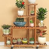Plant shelf 自然木製の花の棚多層バルコニーの植木鉢の屋内と屋外高や低盆栽フレームストレージラック Flower racks ( 色 : Plus buckle+wheels )