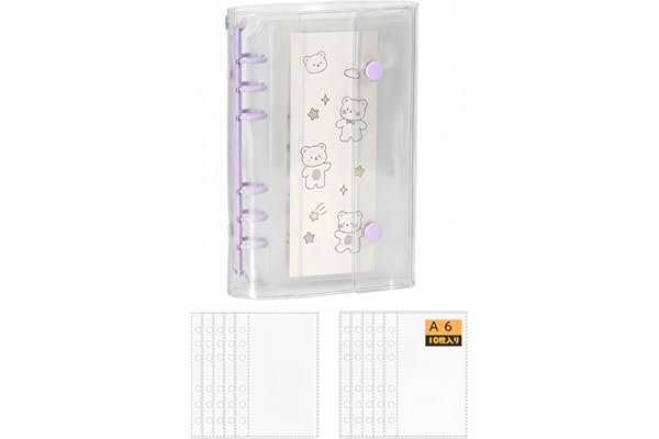 PERZUMI シール帳 女の子 透明 a6 バインダー 6穴 大きめ 196x132mm はがせる 詰め替え ポケットリフィル10枚付き シール収納 推し活グッズ (パープル）
